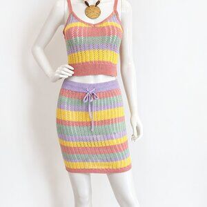 Pastel Stripe Knit Two-Piece Set | Crop Tank Top & Mini Skirt | Cute!